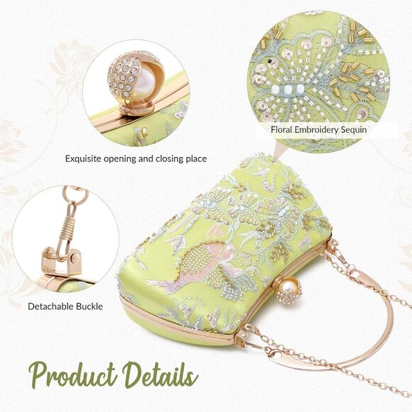 ⚡ Women\'s Floral Sequin Yellow Embroidery Evening Beaded Clutch Handbag